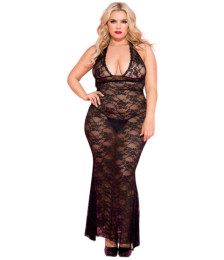 Nuisette grande taille longue noire décolletée dentelle florale 